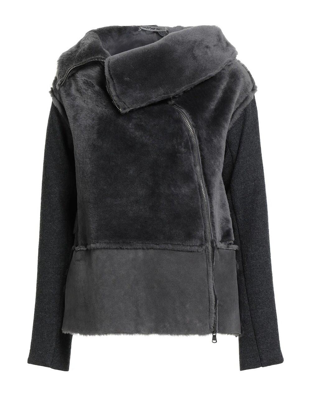 Transit Teddy Coat Lambskin Shearling Wool Grey Funnel Neck Zipper 2